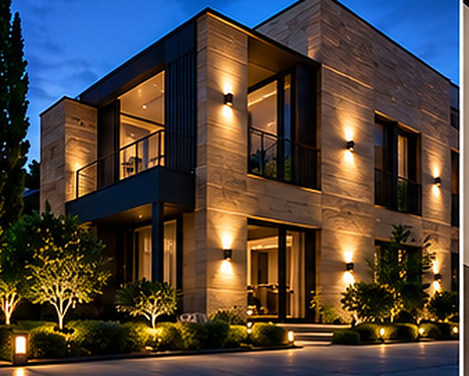 Gecə vaxtı işıqlandırılmış modern villa fasadı